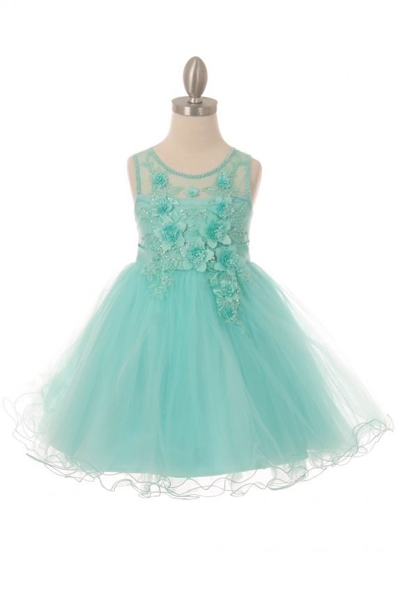 Aqua mesh dress is in bloom with beautiful 3D flowers, making it a perfectly precious Easter dress for your girl