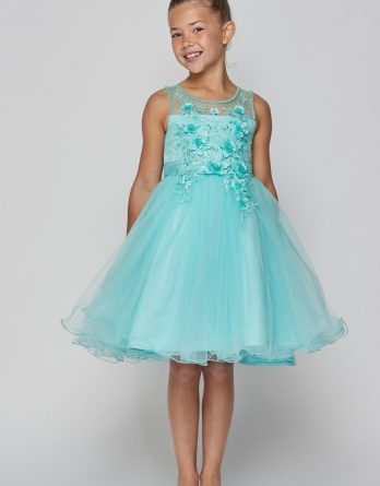 Aqua mesh dress is in bloom with beautiful 3D flowers, making it a perfectly precious Easter dress for your girl