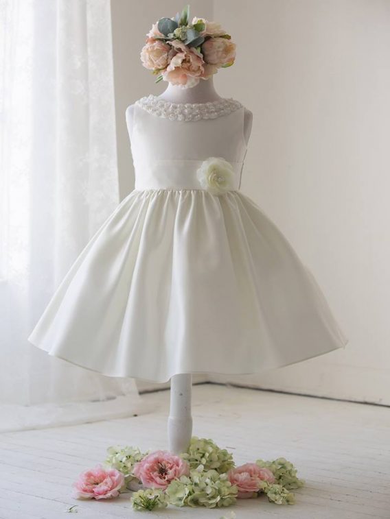 White Satin Rosette Studded Neckline Flower Girl Dress