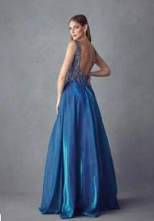 Illusion Appliqued Bodice Long Prom Dress Royal Blue with Pockets.