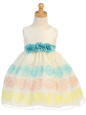 Girls Ivory Organza Dress with Floral Embroidery & Teal Flowers