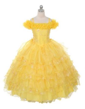 Little girls yellow off-shoulder Pageant Ballgown with stunning laces all around and corsets on the sides to adjust the size.
