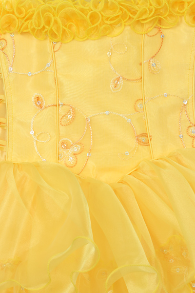 Little girls yellow off-shoulder Pageant Ballgown with stunning laces all around and corsets on the sides to adjust the size.