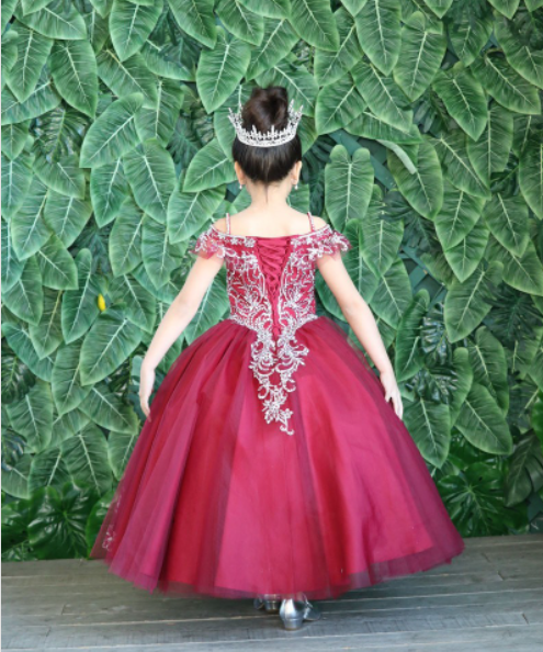 burgundy ball gown, off shoulder dress