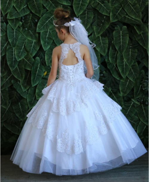 Beautiful white communion dress with tiered lace.
