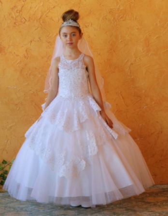 Beautiful white communion dress with tiered lace.