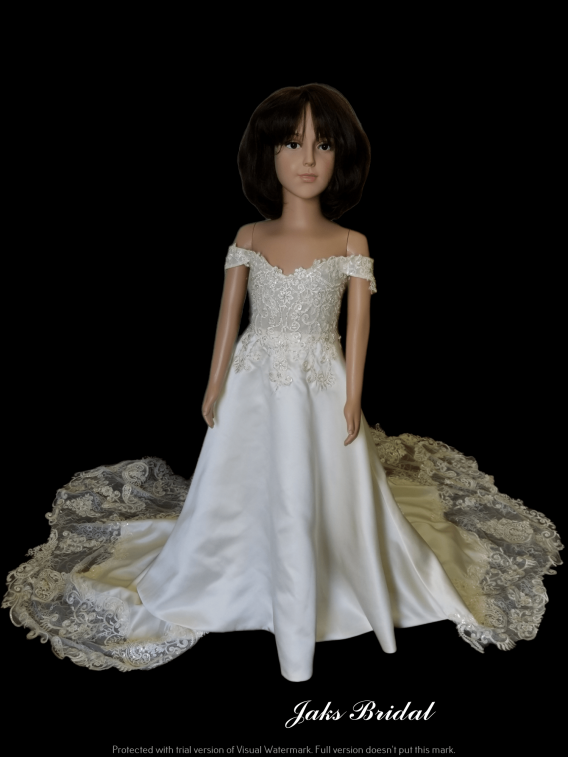 An original off the shoulder flower girl dresses. Beautiful Lace Bodice with a Lace Applique Train Flower Girl Dress.