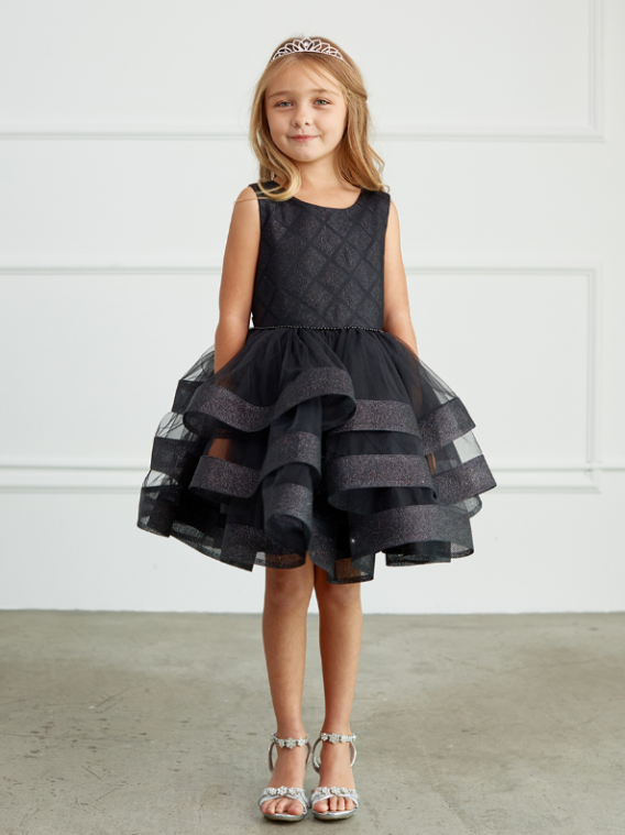 black sleeveless short style with round neck and glitter horsehair tiered ruffle dress