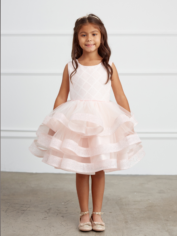 blush sleeveless short style with round neck and glitter horsehair tiered ruffle dress