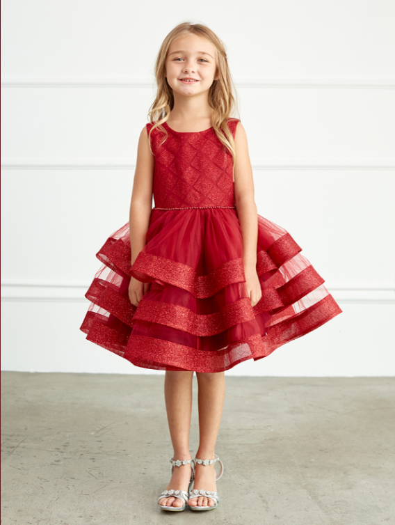 burgundy sleeveless short style with round neck and glitter horsehair tiered ruffle dress