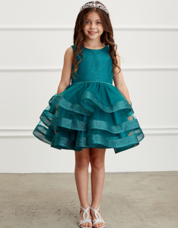 emerald sleeveless short style with round neck and glitter horsehair tiered ruffle dress