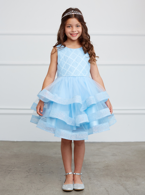 sky blue sleeveless short style with round neck and glitter horsehair tiered ruffle dress