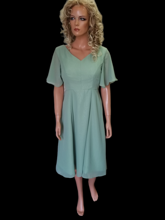Green chiffon tea length bridesmaid dress with flutter sleeves
