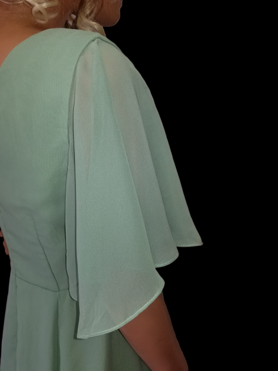 Green chiffon tea length bridesmaid dress with flutter sleeves