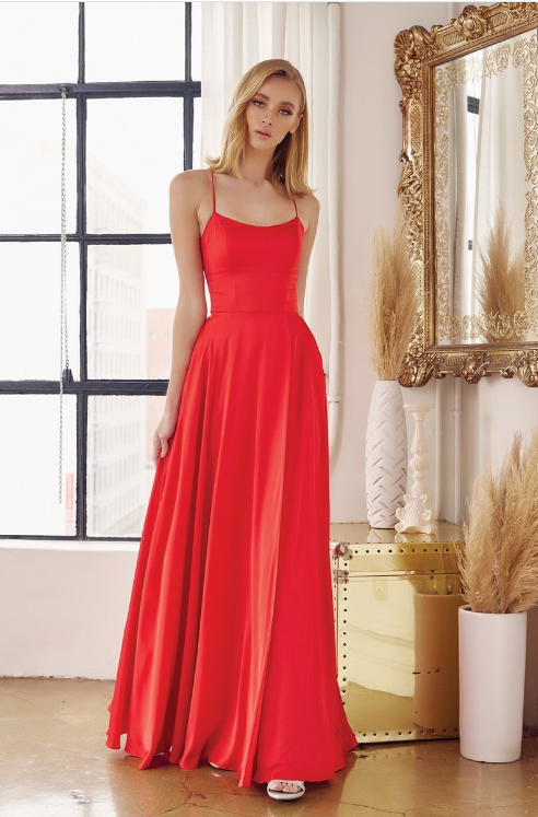 Red bridesmaid dress with side pocket.