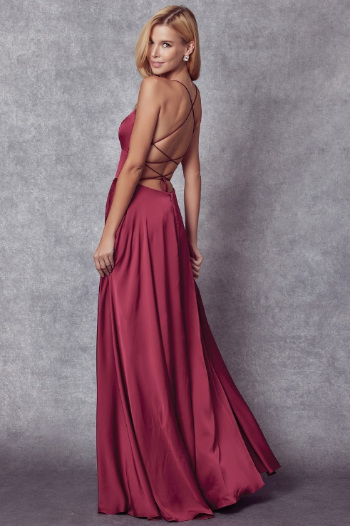 Wine bridesmaid dress with side pocket.