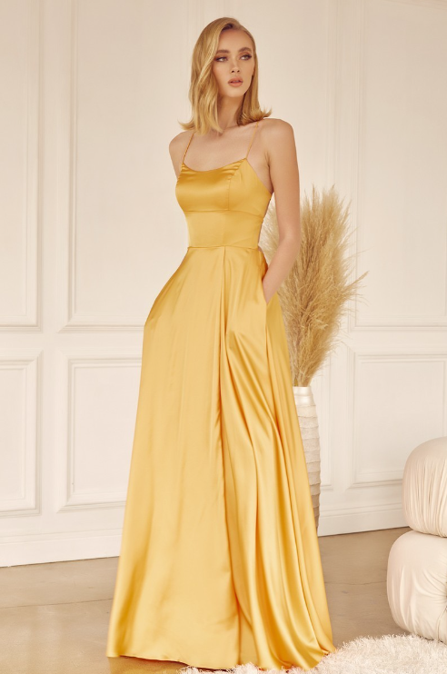 Gold bridesmaid dress with side pocket.