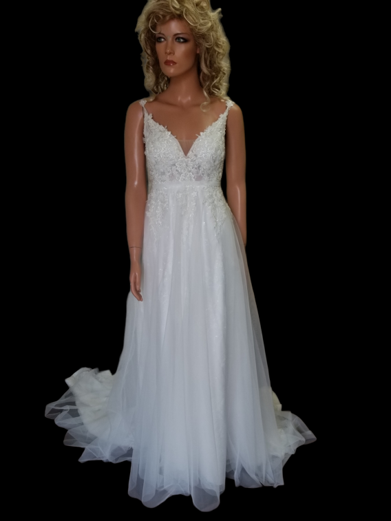 Lace A-line wedding dress designed in embroidered lace over sequin tulle.