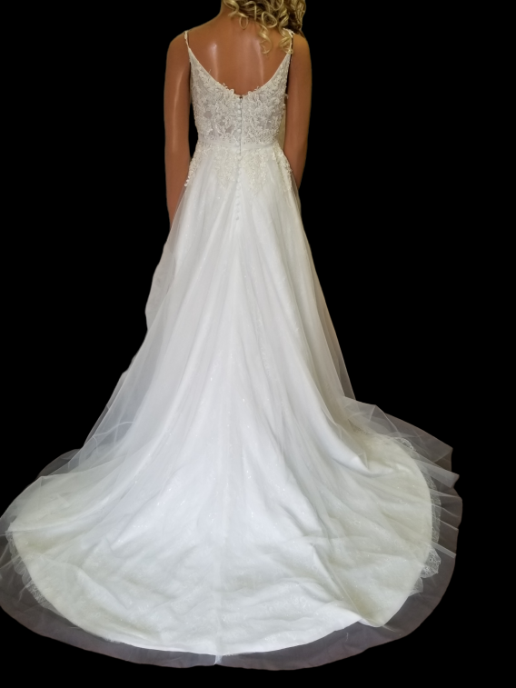 Lace A-line wedding dress designed in embroidered lace over sequin tulle.