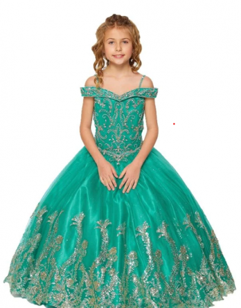 jade green cold shoulder ball gown