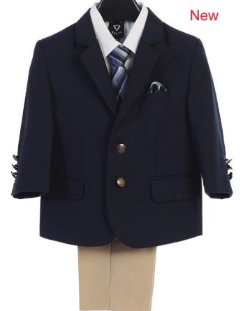 A Navy blue blazer with khaki pants is a rather classic combination. This outfit pairs this combination with a white shirt and blue tie and pocket hanky.