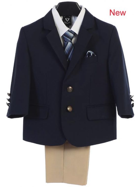 A Navy blue blazer with khaki pants is a rather classic combination. This outfit pairs this combination with a white shirt and blue tie and pocket hanky.