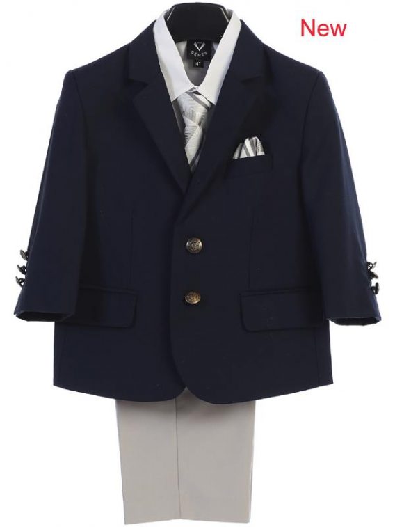 A Navy blue blazer with gray pants is a rather classic combination. This outfit pairs this combination with a white shirt and blue tie and pocket hanky.