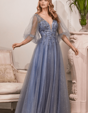 smoky blue sheer sleeve tulle dress with a plunging neckline
