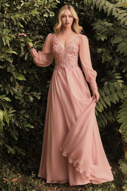 LONG SLEEVE ROSE GOLD CHIFFON EVENING GOWN