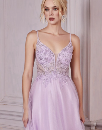 Lilac A-line prom gown with plunging neck, beaded applique bodice and layered tulle skirt.