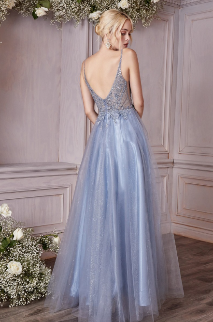Smoky Blue A-line prom gown with plunging neck, beaded applique bodice and layered tulle skirt.