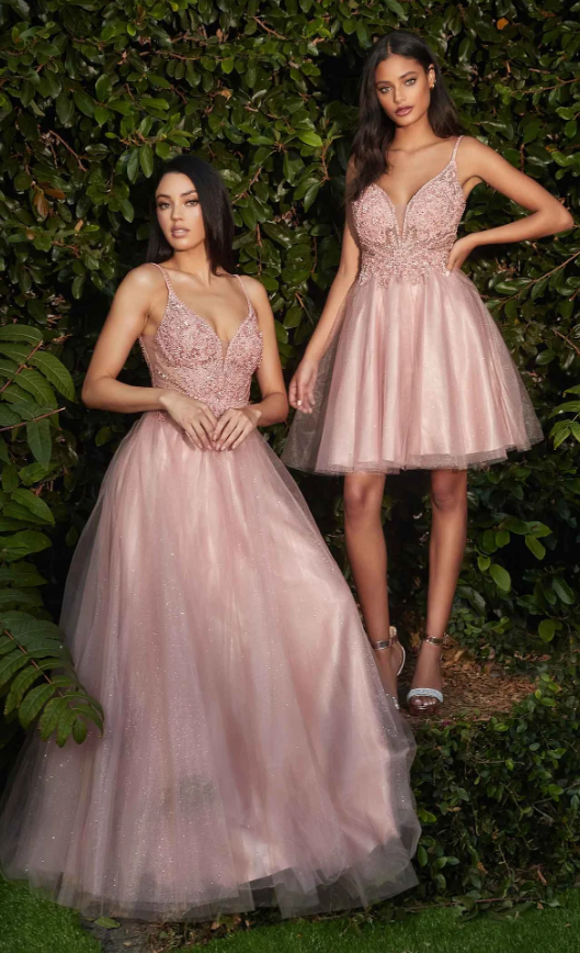 A-line prom gown with plunging neck, beaded applique bodice and layered tulle skirt.