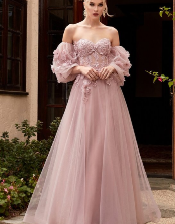 Corset bodice prom dress with detachable sleeves.