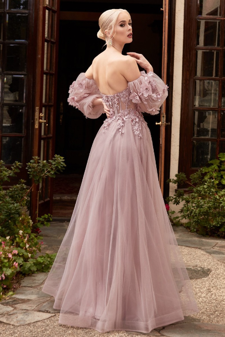 Corset bodice prom dress with detachable sleeves.