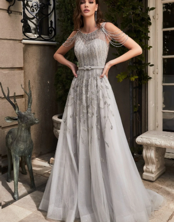 elegant, beaded silver evening gown