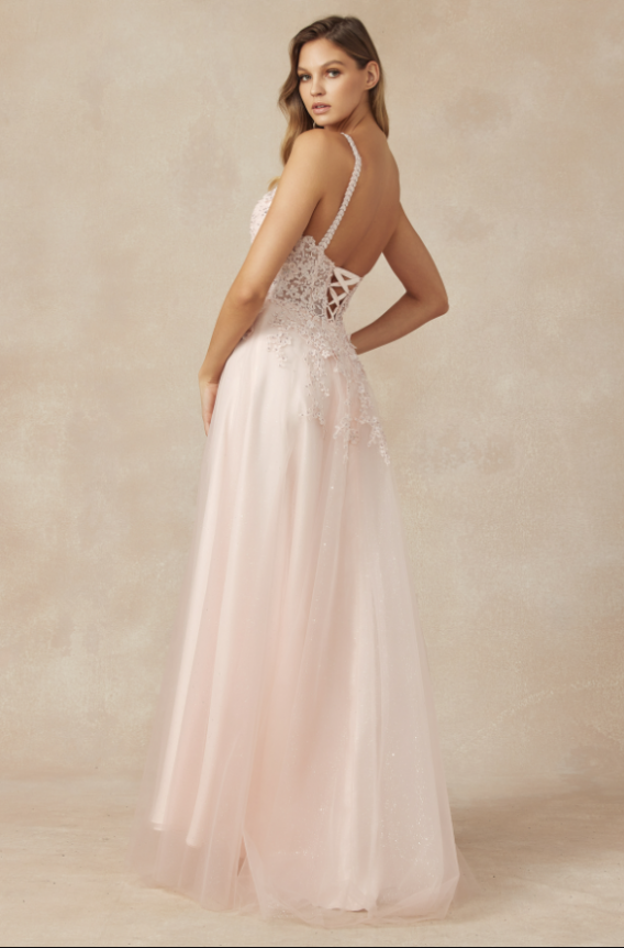 blush glitter tulle prom dress