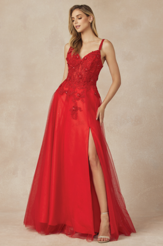red glitter tulle prom dress