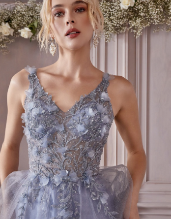 Show off your feminine side in this smoky blue floral applique dress.  A fairytale evening gown with layered tulle, floral beaded lace, and 3D flowers. 