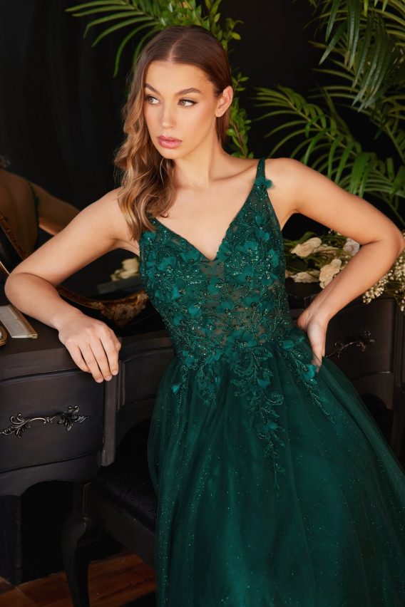 Emerald floral applique prom dress.