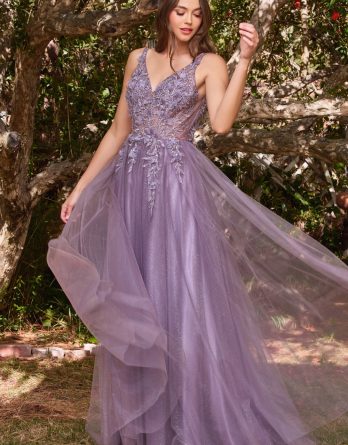 Violet floral applique prom dress.