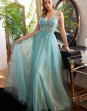 Show off your feminine side in this floral applique dress.  A fairytale evening gown with layered tulle, floral beaded lace, and 3D flowers. 