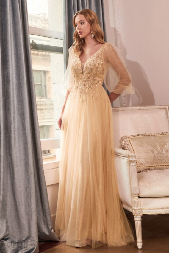 GLITTER TULLE A-LINE CHAMPAGNE DRESS. Sheer sleeve glitter tulle dress with a plunging neckline and a deep back.  Covered with appliqued with embellished lace.