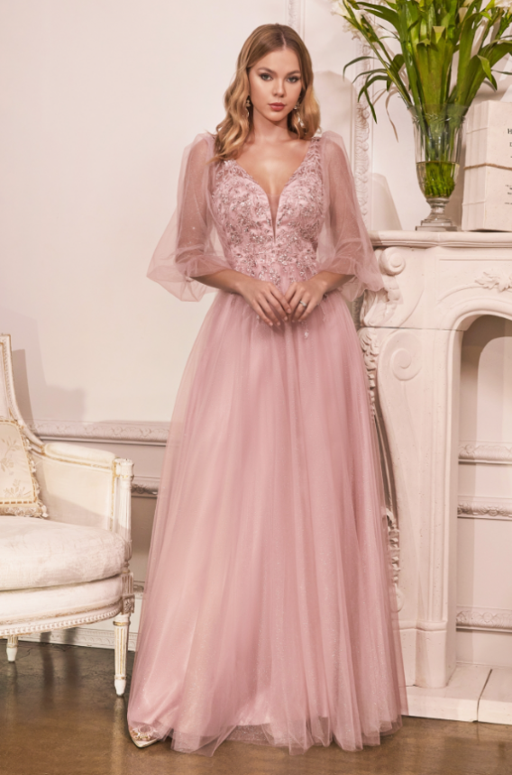 GLITTER TULLE A-LINE MAUVE DRESS. Sheer sleeve glitter tulle dress with a plunging neckline and a deep back.  Covered with appliqued with embellished lace.