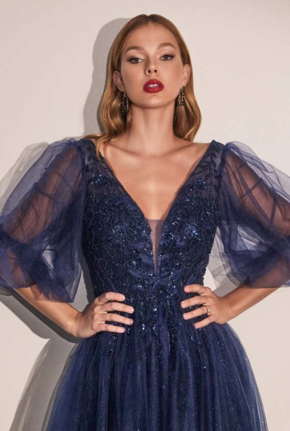 GLITTER TULLE A-LINE NAVY DRESS. Sheer sleeve glitter tulle dress with a plunging neckline and a deep back.  Covered with appliqued with embellished lace.
