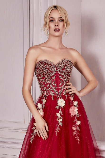 Burgundy corset Bodice figure-hugging prom dress.  Sensual layered tulle A-line gown flowing with blossoms and bead work
