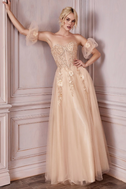 Champagne corset Bodice figure-hugging prom dress.  Sensual layered tulle A-line gown flowing with blossoms and beadwork