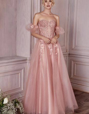 Corset Bodice figure-hugging prom dress.  Sensual layered tulle A-line gown flowing with blossoms and beadwork