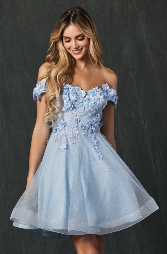 bahama blue 3D floral homecoming prom dress