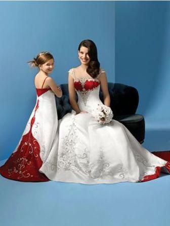 Red and white wedding and flower girl dresses