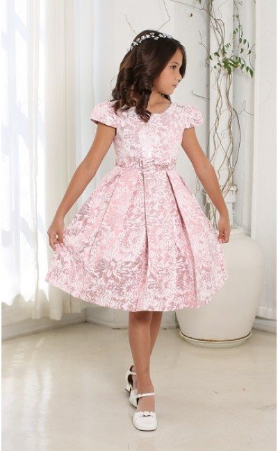 Short sleeve pleated Jacquard floral dress with bow